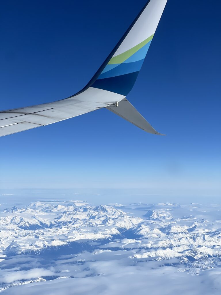 Aerial view of mountains near Silverthorne and Mt Waddington from Alaska jet