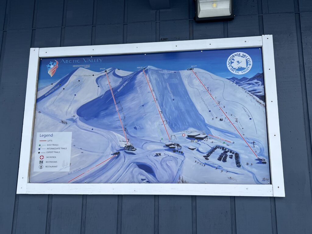 Map of Arctic Valley February 2025 Arctic Valley is a single ridge with three main lifts (two doubles and a T-bar) and a beginner's rope two.