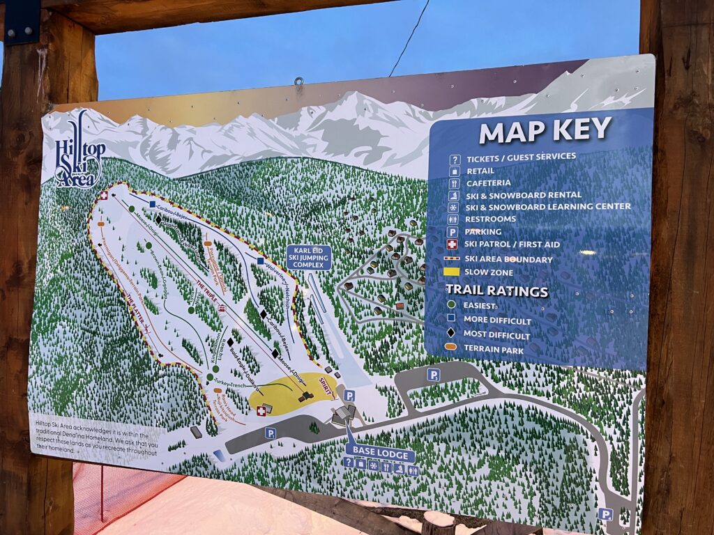 Hilltop Ski area map posted at the ski area February 2025