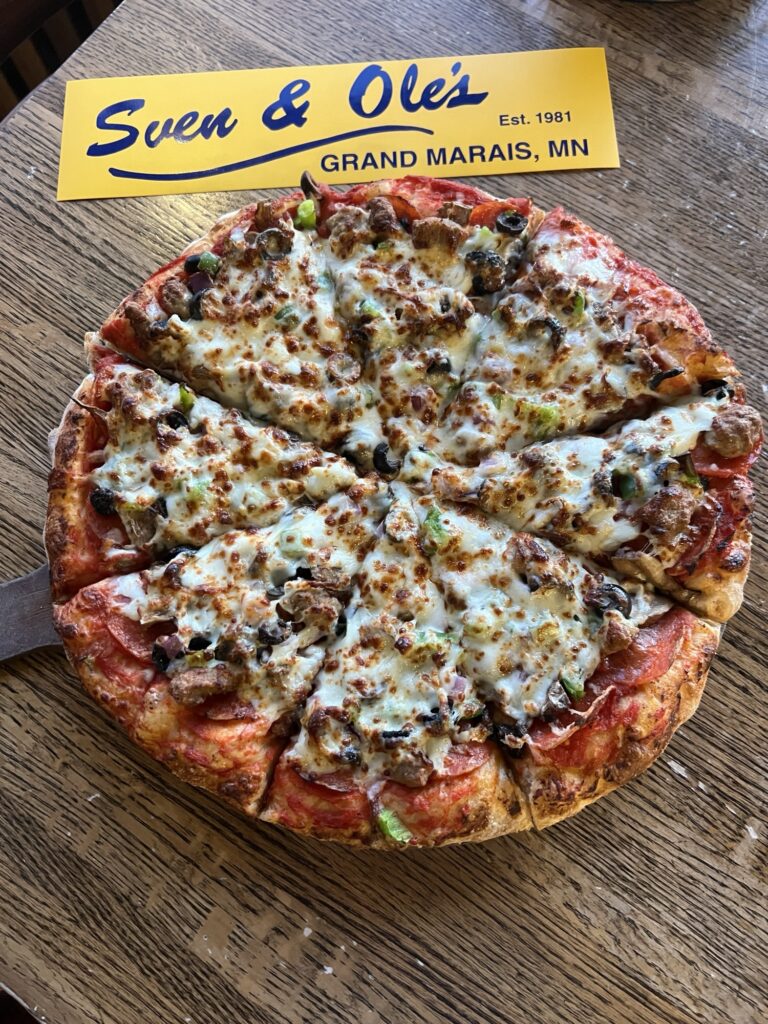 A Large UFFDA ZAH at Sven and Ole’s pizza is a Grand Marais, Minnesota gem!