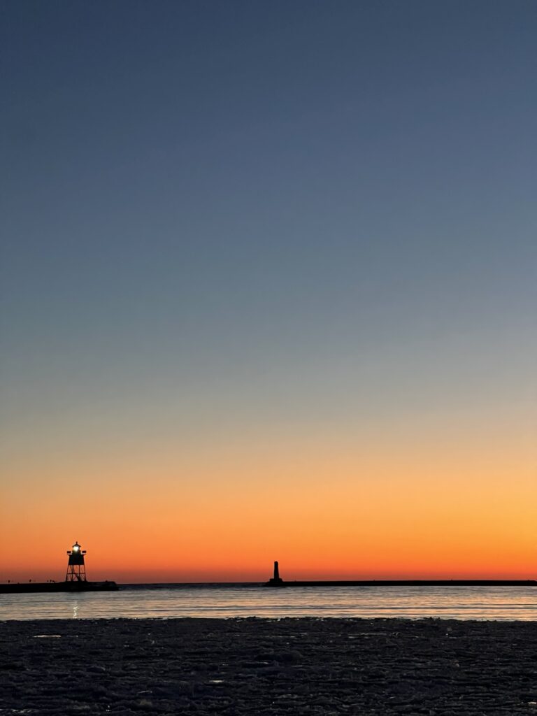 Grand Marais lighthouse at sunset, January 2025